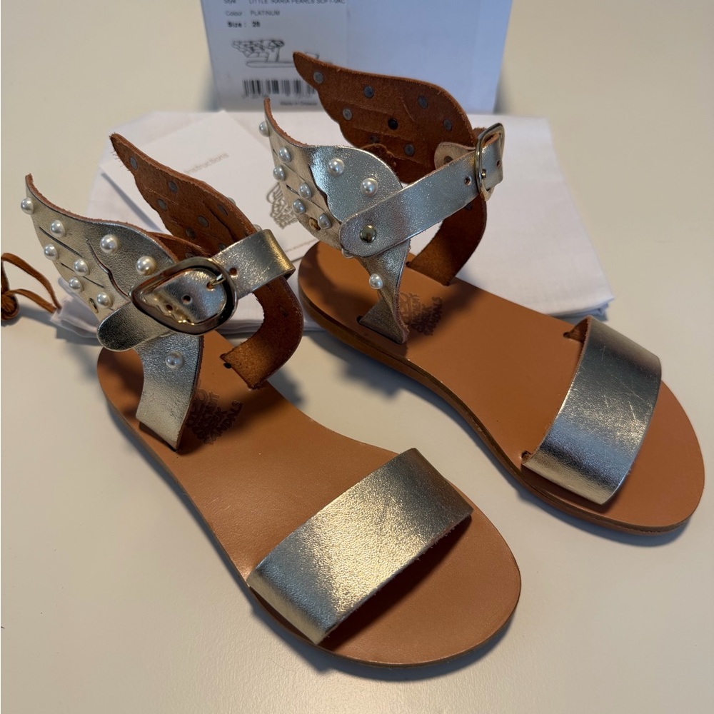 Ancient Greek Sandals Silver Pearl Wing Ankle Strap Sandals